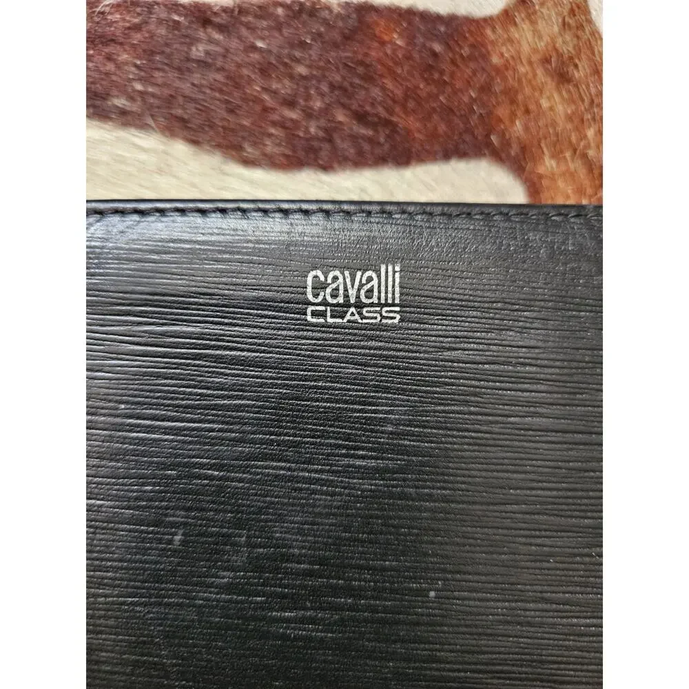 Cavalli Class Men's Black Logo Print Textured Leather Bifold Wallet